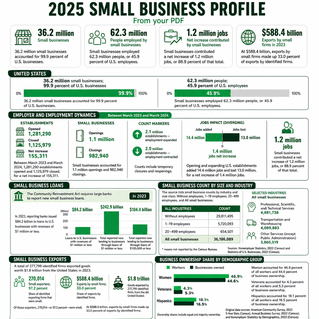 Complete 2025 U.S. Small Business Profile infographic with seven explanatory sections on employment, lending, industries, exports, ownership, demographics, and economic impact